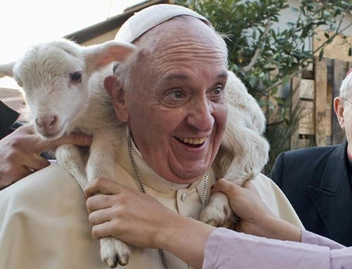 البسمة تعلو وجه البابا فرنسيس مع وجود الحمل على عنقه