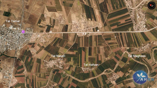 خريطة توضيحية تموضع القرى بالنسبة لتل تمر