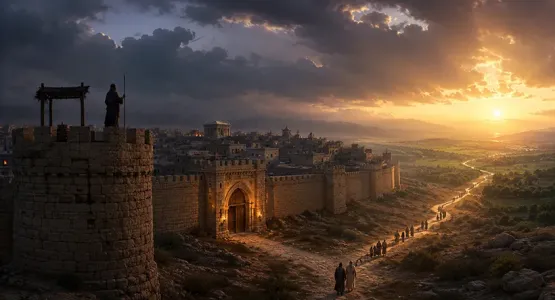 رقيب يقف فوق سور مدينة قديمة بينما يسير أشخاص في طريق نحو أفق مضيء، في مشهد رمزي عن الإنذار والتوبة والعودة