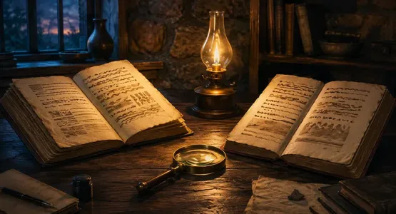 كتابان قديمان مفتوحان بينهما عدسة مكبرة ومصباح مضاء على طاولة خشبية، في مشهد رمزي عن دراسة النصوص وفهم معانيها
