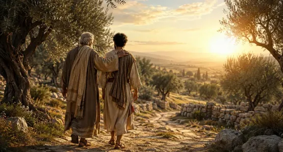 أب يضع يده على كتف ابنه البالغ وهما يسيران معًا بين أشجار الزيتون نحو أفق مضيء