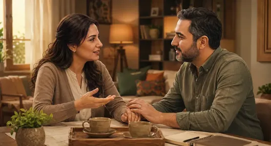 زوجان يجلسان في منزلهما ويتحدثان بهدوء بينما يمسك الزوج بيد زوجته ويصغي إليها