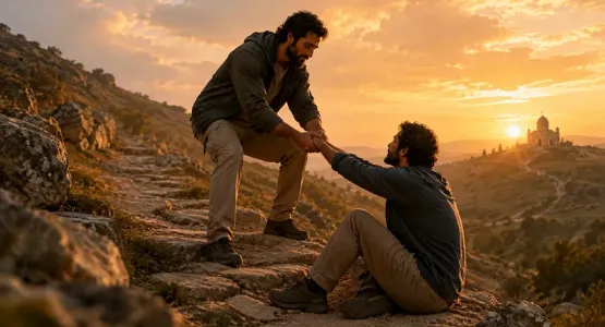 رجل يمدّ يديه لمساعدة آخر على النهوض في طريق جبلي، وكنيسة تلوح في ضوء الغروب.