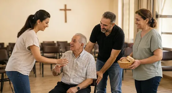 أعضاء كنيسة يقدمون الماء والخبز لرجل مسن ويساندونه داخل قاعة بسيطة.