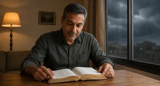 رجل يقرأ الكتاب المقدس بهدوء بجوار نافذة تظهر خلفها أجواء عاصفة وماطرة.