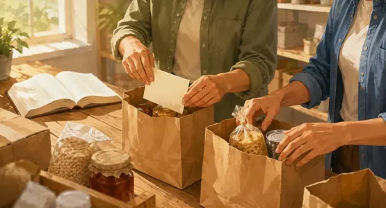 متطوعان يجهزان طرودًا غذائية على طاولة، وبجانبهما كتاب مقدس مفتوح.