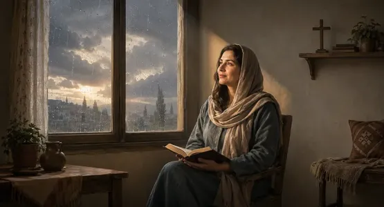 امرأة مسيحية تقرأ الكتاب المقدس قرب نافذة ممطرة بينما تشرق الشمس، في تعبير عن الرجاء والفرح وسط الظروف الصعبة